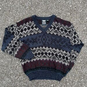 VINTAGE Harbor Bay V-Neck Sweater Mens XL Geometric Acrylic Knitwear 90s